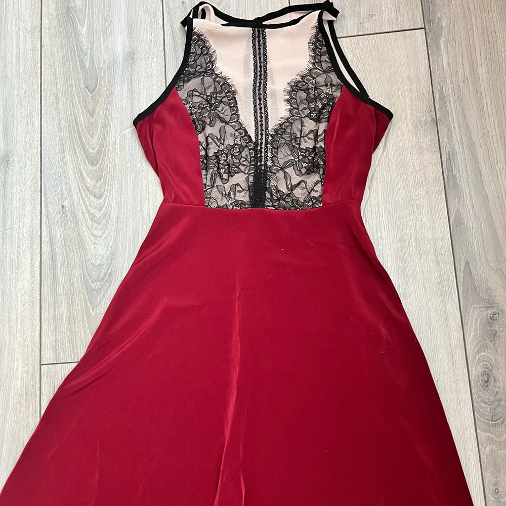 Wine color hi low dress with lace detailing